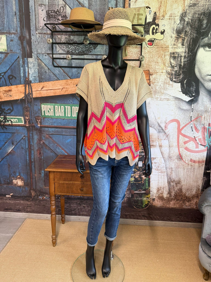 Durchbrochenes Tanktop in Beige, Orange und Pink (38/44) – 100 % Baumwolle – Hergestellt in Italien