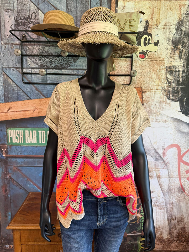 Durchbrochenes Tanktop in Beige, Orange und Pink (38/44) – 100 % Baumwolle – Hergestellt in Italien