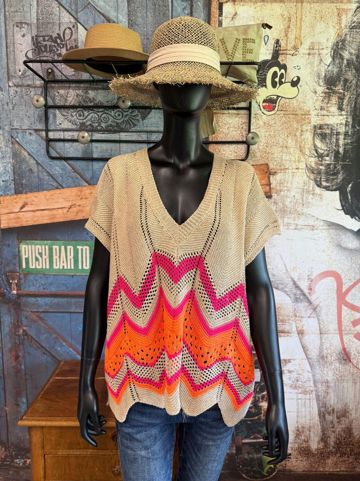 Durchbrochenes Tanktop in Beige, Orange und Pink (38/44) – 100 % Baumwolle – Hergestellt in Italien